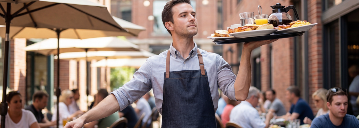 Ober serveert eten en drinken op een terraas van een restaurant