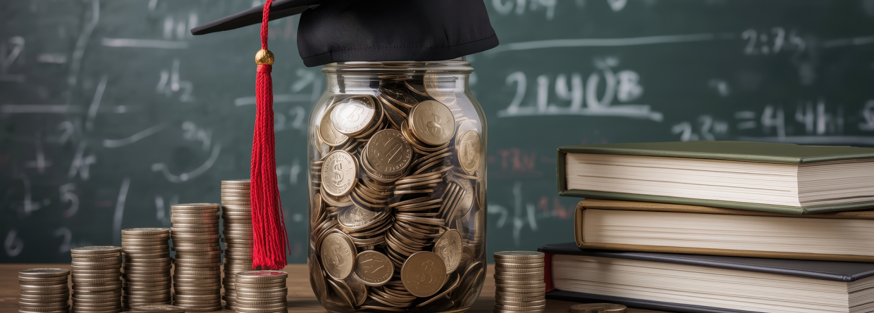 Voor een schoolbord staat op een bureau stapels munten van klein naar groot, stapel boeken, pot met geld waarop een afstudeerhoed ligt