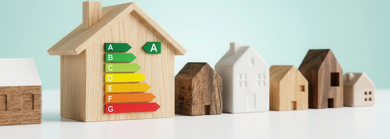 Meerdere houten huisje en op een huisje staat een energielabel afgebeeld