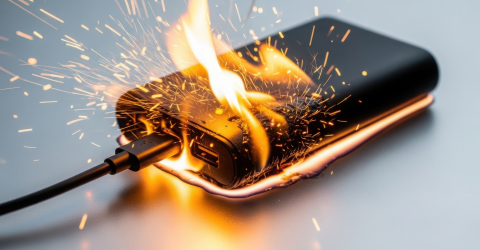 Accu van een mobiele telefoon met een snoertje eraan staat in brand