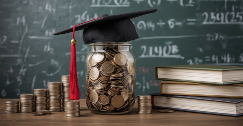 Voor een schoolbord staat op een bureau stapels munten van klein naar groot, stapel boeken, pot met geld waarop een afstudeerhoed ligt